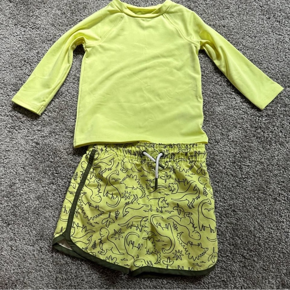 Yellow Long Sleeve Rash Guard and Dinosaur Swim Shorts Set